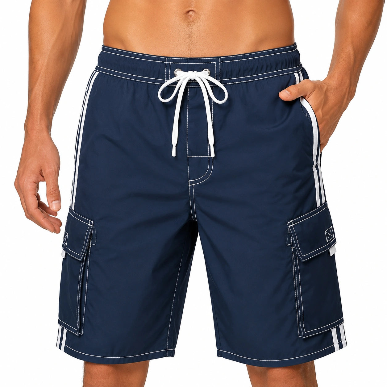 Herren Badeshorts Größe M aus Synthetikgewebe in Dunkelblau Weiß mit Cargotaschen