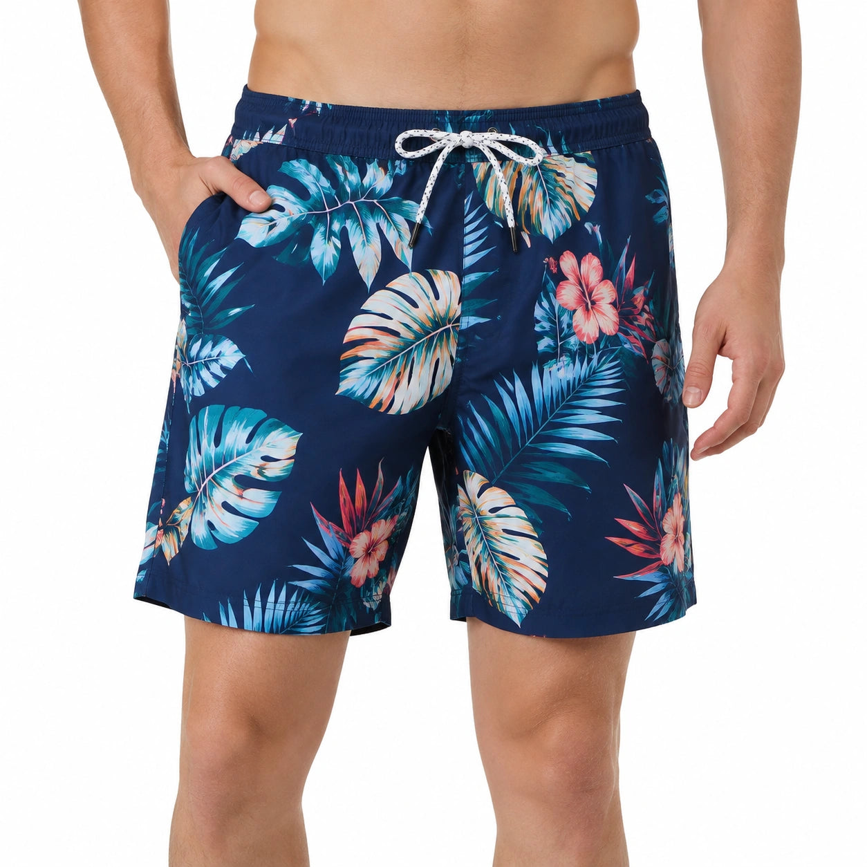 Herren Badeshorts Größe L aus Textil in Navyblau mit Blumenmuster - mit Kordelzug und Taschen