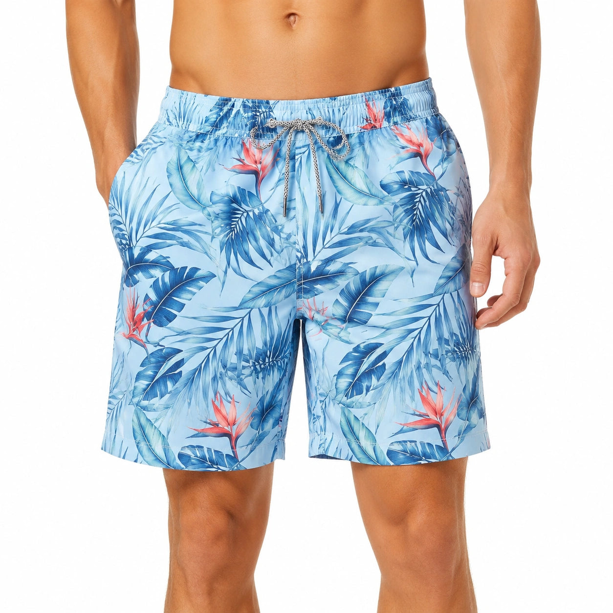 Herren Badeshorts Größe L aus Textil Hellblau mit Tropenmuster und Kordelzug