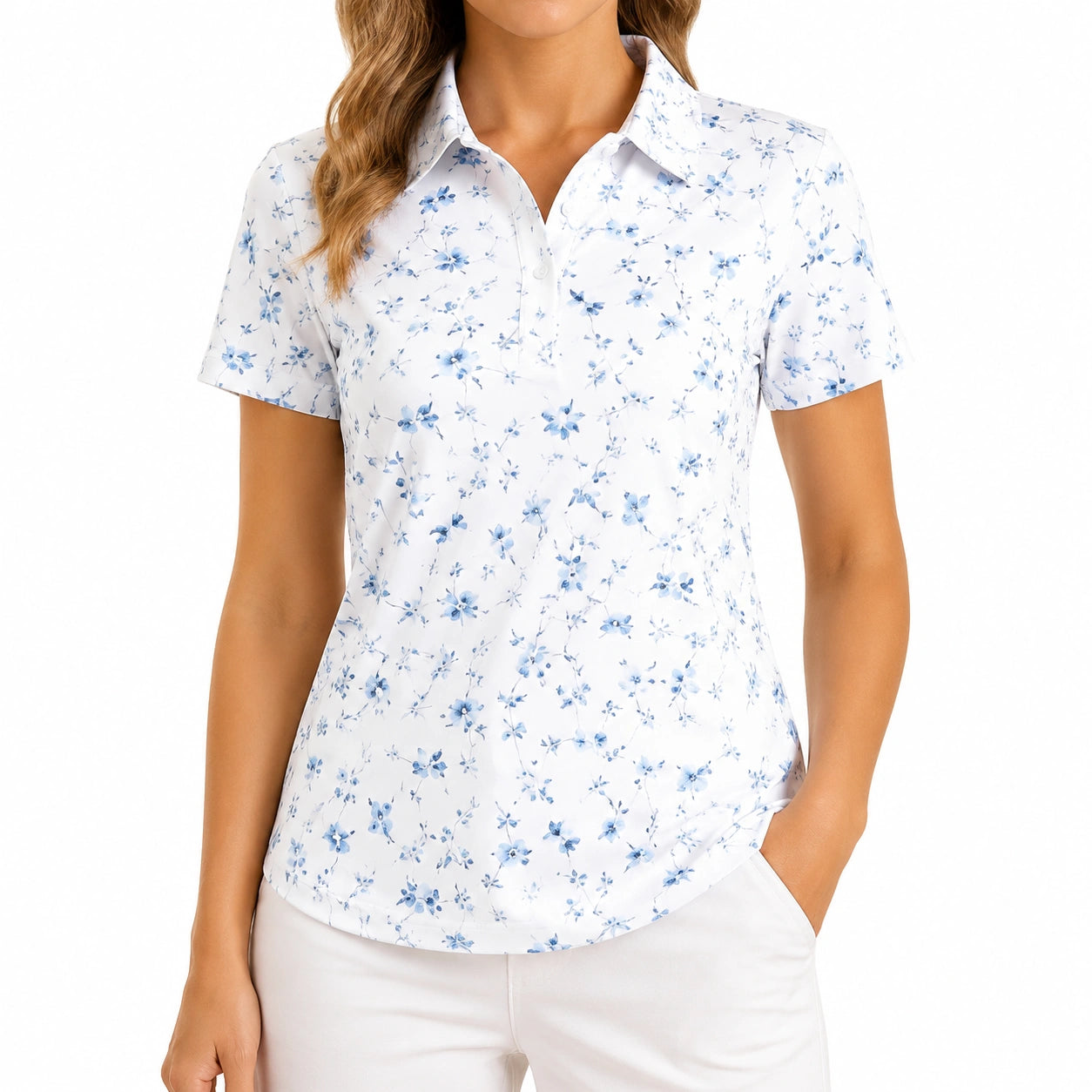 Damen Poloshirt Größe S Weiß Blau Blütenmuster Kurzarm