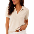 Damen Strickpolo M Creme Kurzarm mit V-Ausschnitt