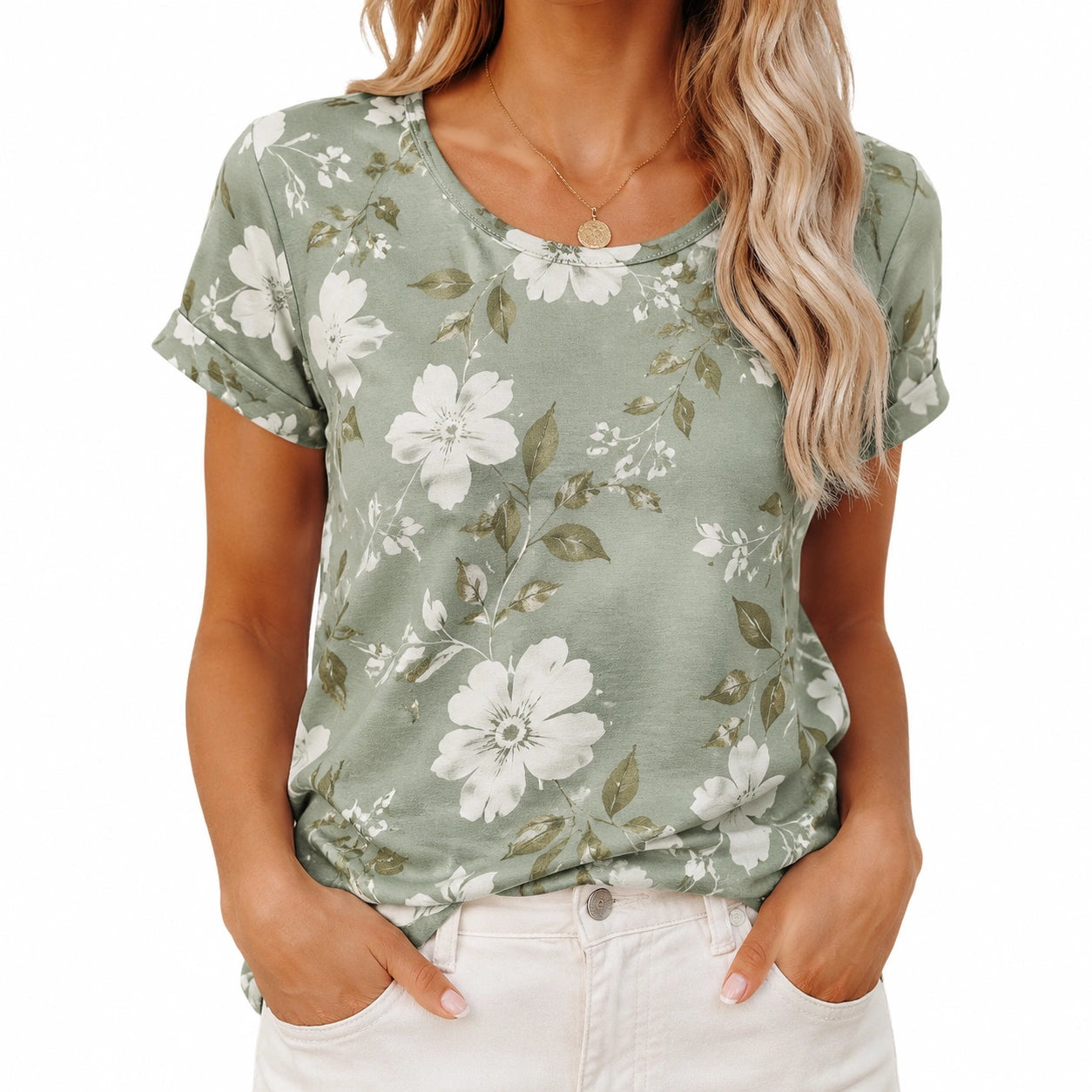 Damen T-Shirt Größe M mit Rundhalsausschnitt Blumenmuster in Salbeigrün