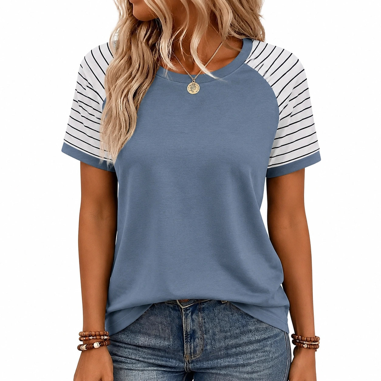 Damen T-Shirt Größe L Blau Weiß Gestreifte Raglanärmel Kurzarm Rundhals