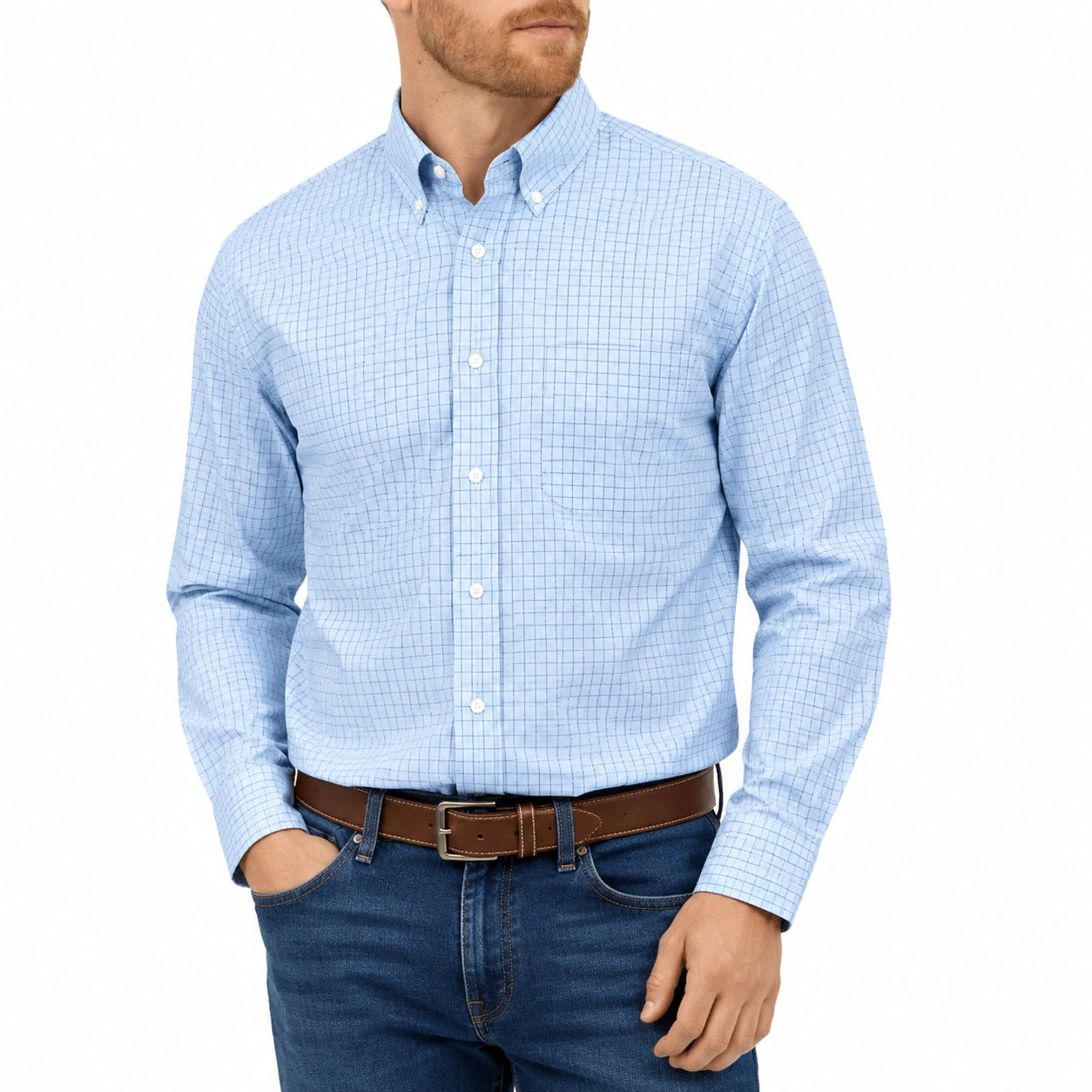 Herrenhemd Größe L Hellblau kariert mit Button-Down-Kragen Langarm