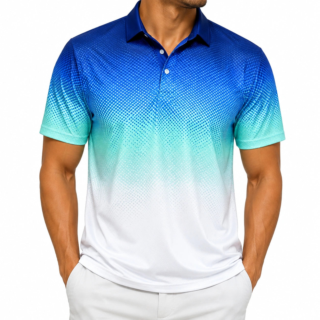 Herren Poloshirt Größe M Blau Türkis Weiß Kurzarm mit Farbverlauf