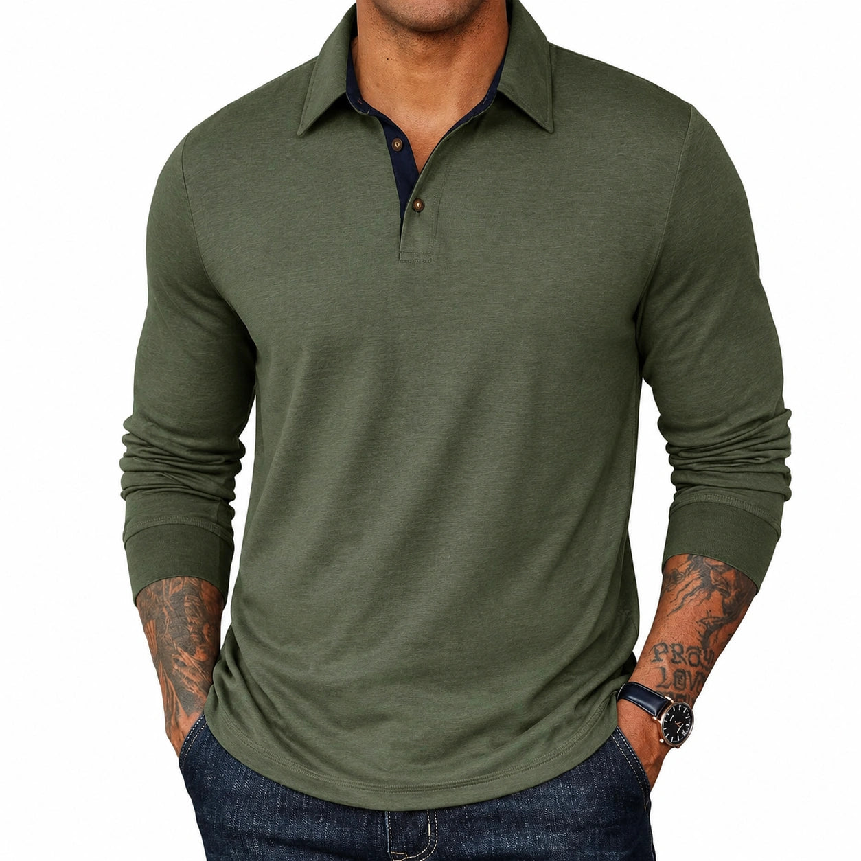 Herren Langarm Poloshirt XL Olivgrün mit Kontrastknopfleiste
