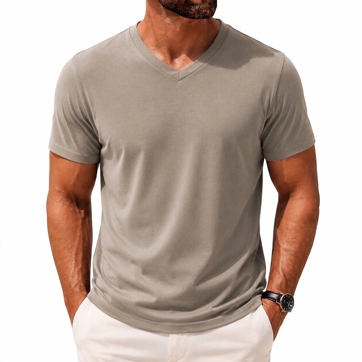 Herren T-Shirt Größe M Taupe V-Ausschnitt Kurzarm Freizeit