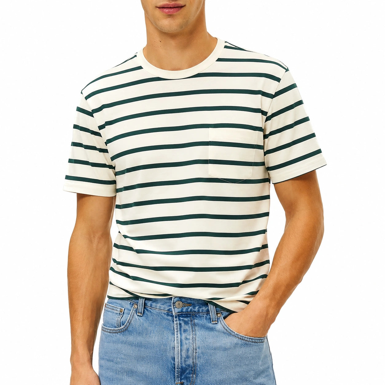 Herren T-Shirt Größe M Cremeweiß Dunkelgrün gestreift mit Brusttasche Regular Fit
