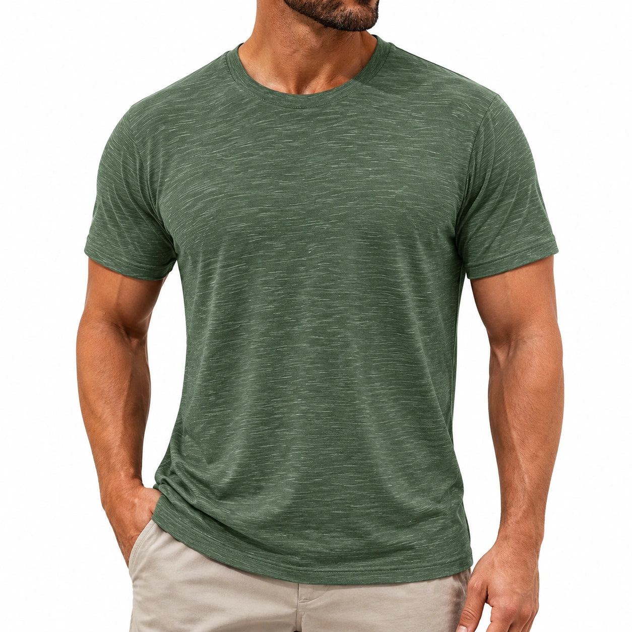 Herren T-Shirt M Grün meliert Kurzarm Rundhals Freizeit