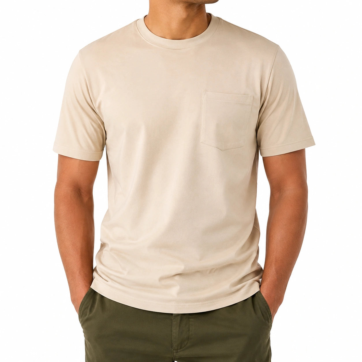 Herren T-Shirt XL Beige mit Brusttasche kurzarm lässig