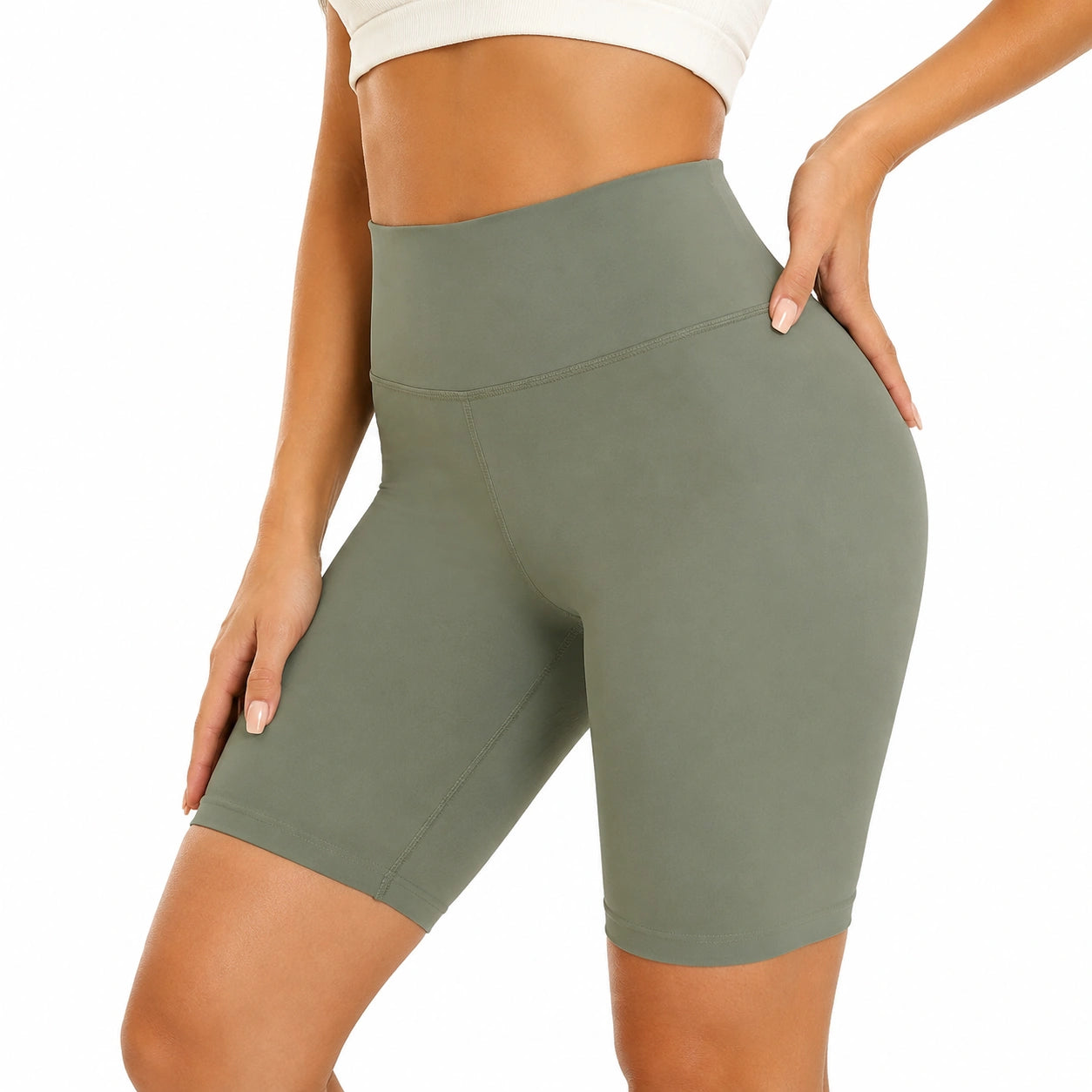 Damen Radlerhose M aus elastischem Textilgewebe Olivgrün mit hohem Bund für Sport